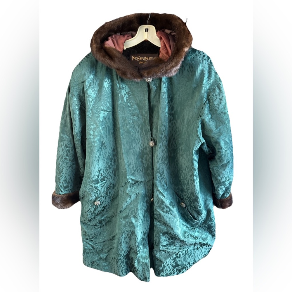 Yves Saint Laurent Fourrures YSL Green Brown Fur Trim Lined Hooded Coat VTG XL‎